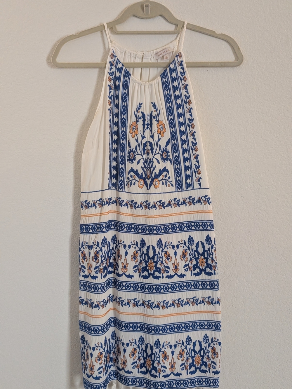 Skies Are Blue White Halter Mini Dress with Blue & Tan Embroidery